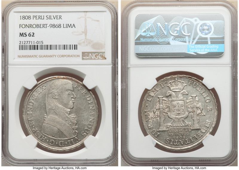 Ferdinand VII silver Proclamation Medal of 8 Reales 1808 MS62 NGC, Lima mint, Fo...