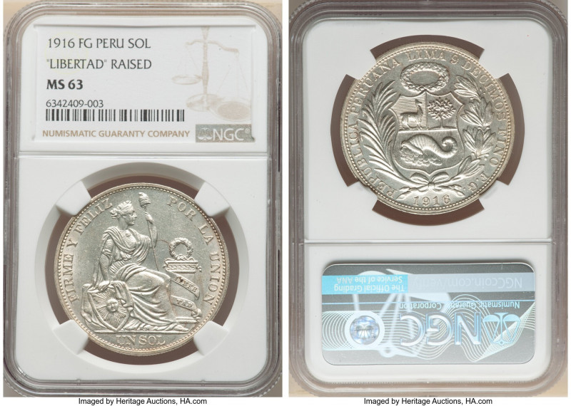 Republic Sol 1916-FG MS63 NGC, Lima mint, KM196.28. Raised "LIBERTAD" variety. A...