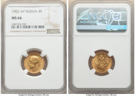 Nicholas II gold 5 Roubles 1902-AP MS66 NGC, St. Petersburg mint, KM-Y62, Fr-180. Displaying gem-quality surfaces with interspersed orange color. 

HI...