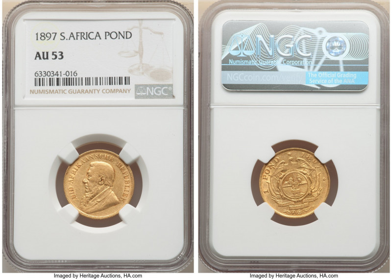 Republic gold Pond 1897 AU53 NGC, Pretoria mint, KM10.2. An Almost Uncirculated ...