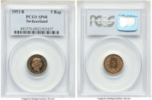 Confederation Specimen 5 Rappen 1953-B SP68 PCGS, Bern mint, KM26. Splendid example of the type with cinnamon toning on Semi-Prooflike surfaces. 

HID...