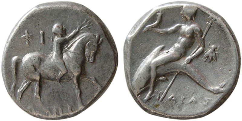 CALABRIA, Tarentum. Circa 272-240 BC. AR Nomos (6.24 gm; 19 mm). Obverse: Nude y...