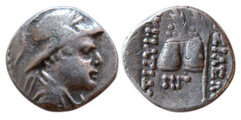 BAKTRIAN KINGDOM, Eukratides I. 171-145 BC. AR obol (0.53 gm; 10 mm). Diademed a...