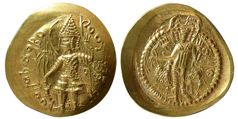 INDIA, KUSHAN KINGS. Vasudeva II. 290-310 AD. Gold dinar (7.95 gm; 28 mm). Vasud...