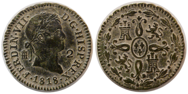 SPAINISH COLONIAL, Ferdinand VII. 1818. 2 Maravedis (2.32 gm; 19 mm). Segova min...