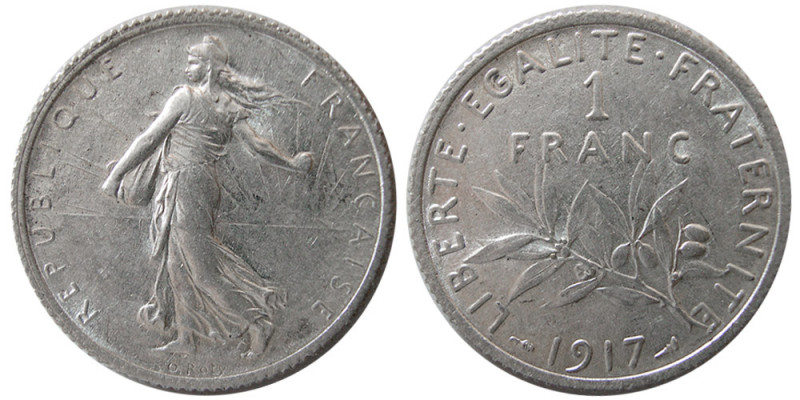 FRANCE, Republic. 1917, 1 Franc (4.96 gm; 23 mm). dated 1917. Choice UNC. Lustro...