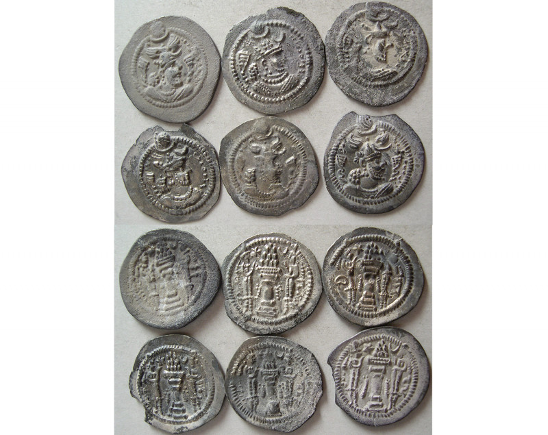 GROUP LOT OF 6 SASANIAN KINGS, Peruz. Silver Drachms. Original find patina. Avg ...