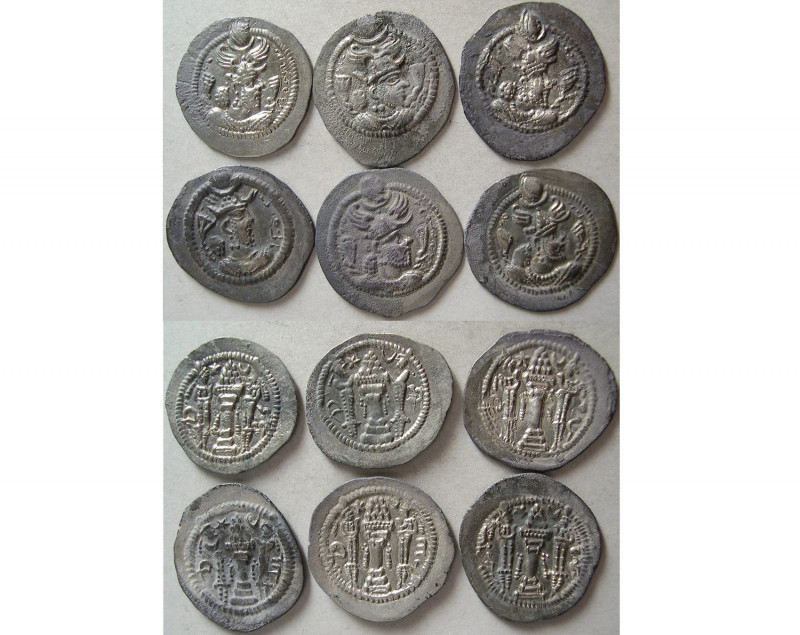 GROUP LOT OF 6 SASANIAN KINGS, Peruz. Silver Drachms. Original find patina. Avg ...