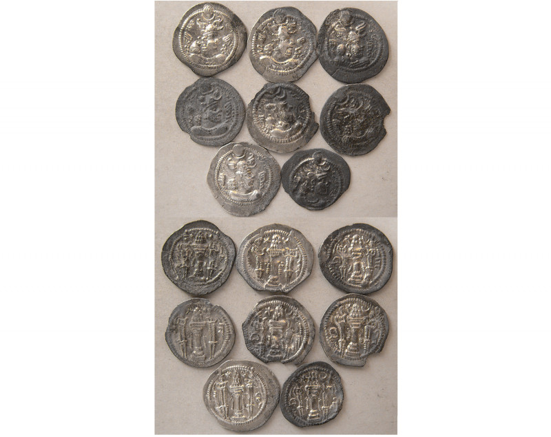 GROUP LOT OF 8 SASANIAN KINGS, Peruz. Silver drachms. Original find patina. Aver...
