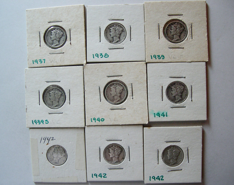 GROUP LOT OF 9 US. Silver Mercury Dimes. Different dates. Avg. grade VF.