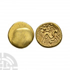 Gallic War - Ambiani - Uniface Gold Stater 60-50 B.C. Obv: plain. Rev: horse right with symbols and pellets around and pellet below S. 11; DT 235; ABC...