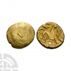 Atrebates and Regni - Selsey 'Q Remic' Variant Gold Stater 1st century B.C. Obv: short line within faint crescent with traces of zig-zag border. Rev: ...