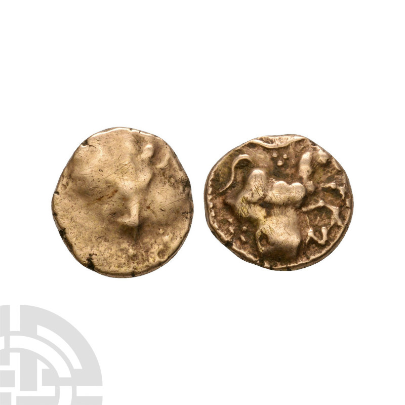 Catuvellauni - Cunobelin - Gold Quarter Stater 4-40 A.D. Plastic type. Obv: corn...