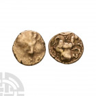 Catuvellauni - Cunobelin - Gold Quarter Stater 4-40 A.D. Plastic type. Obv: corn ear with CA - MV across fields. Rev: horse right with branch and pell...