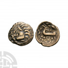 Gaul - Gold Quarter Stater 1st century B.C. Obv: profile bust left. Rev: horse left with vestiges of charioteer above and D sideways symbol below. 1.6...
