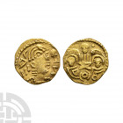 Post-Crondall Types - Two Emperors Gold Shilling (Thrymsa) 655-675 A.D. Obv: helmetted bust right with letters before and behind. Rev: bust of winged ...