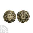 Post-Crondall Types - Two Emperors - Pale Gold Shilling (Thrymsa) 655-675 A.D. Obv: diademed profile bust right with pseudo Runic characters before an...