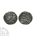 Primary Phase - Series C, Type 2 - Portrait AR Sceatta 680-710 A.D. Obv: radiate bust right with Runic Tepa before, two pellet-in-annulets below. Rev:...