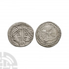Secondary Phase - Series J, Type 37 - Double Portrait AR Sceatta 710-760 A.D. Obv: diademed profile busts facing in with cross-headed trident between....