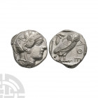 Athens - AR Tetradrachm 455-449 B.C. Obv: head of Athena right, wearing crested Attic helmet ornamented with three olive leaves above visor and spiral...