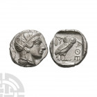 Athens - AR Tetradrachm 454-404 B.C. Obv: head of Athena right, wearing crested Attic helmet ornamented with three olive leaves above visor and spiral...