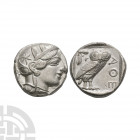 Athens - AR Tetradrachm 430 B.C. Obv: head of Athena right, wearing crested Attic helmet ornamented with three olive leaves above visor and spiral pal...