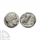 Athens - AR Tetradrachm 405-365 B.C. Obv: head of Athena right, wearing crested Attic helmet ornamented with three olive leaves above visor and spiral...