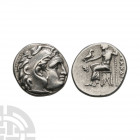 Macedonia - Alexander III (the Great) - Zeus AR Drachm 3rd century B.C. Obv: profile bust right wearing lion-skin. Rev: legend behind Zeus seated left...