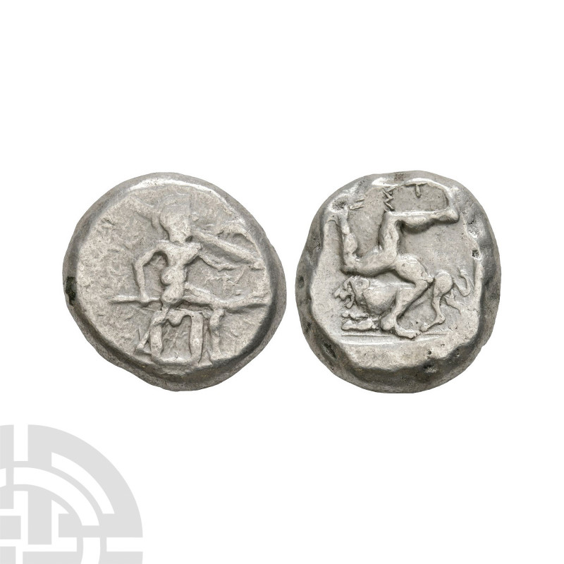 Pamphylia - Aspendos - Triskele AR Stater 465-430 B.C. Obv: helmetted, naked hop...