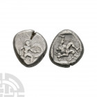 Pamphylia - Aspendos - Triskeles AR Stater or Siglos 465-430 B.C. Obv: warrior or hoplite, helmetted, naked, walking right, holding spear in right han...