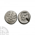 Pamphylia - Aspendos - Triskeles AR Stater 460-420 B.C. Obv: warrior or hoplite, helmetted, naked, walking right, holding spear in right hand, shield ...