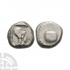 Pamphylia - Side - Pomegranate AR Stater 460-430 B.C. Obv: pomegranate in dotted guilloche border. Rev: archaic, helmetted head of Athena right in inc...