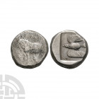 Paphos - Bull AR Stater or Siglos 450-420 B.C. Unclear king. Obv: bull standing left (usually with winged solar disk above, ankh to left and name of k...