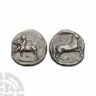 Thessaly - Larissa - Horse AR Drachm 470-420 B.C. Obv: Thessalos, naked but for chlamys tied at his neck and blowing out behind, his petatos fallen to...