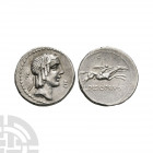 L Calpurnius Piso L f L n Frugi - Naked Horseman AR Denarius 90 B.C. Rome mint. Obv: laureate head of Apollo right; F behind and E before. Rev: naked ...
