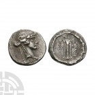 L Manlius Torquatus - Sibyl AR Denarius 65 B.C. Rome mint. Obv: head of Sibyl right wreathed in ivy; SIBELLA below. Rev: tripod surmounted by amphora ...