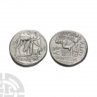 M Aemilius Scaurus / P Plautius Hypsaeus - Aretas AR Denarius 58 B.C. Rome mint. Obv: Aretas of Nabataea kneeling right beside camel presenting olive-...