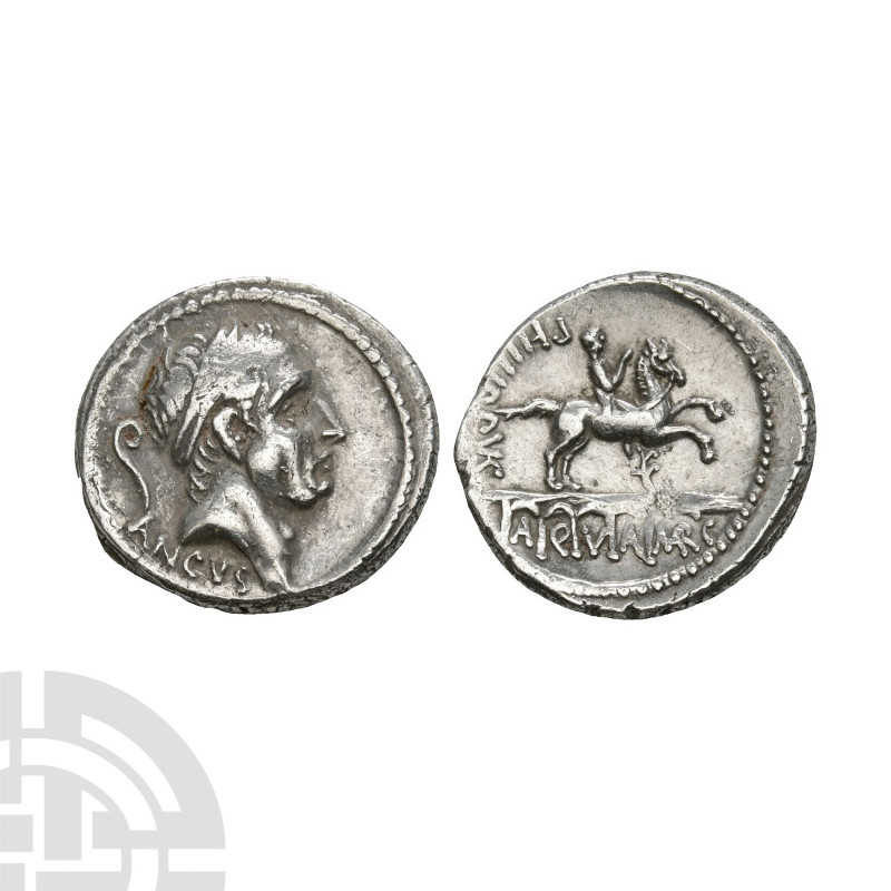 L Marcius Philippus - Ancus Marcius AR Denarius 56 B.C. Rome mint. Obv: diademed...