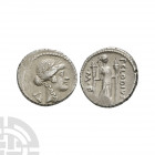 P Clodius M f - Diana Lucifera AR Denarius 42 B.C. Rome mint. Obv: laureate head of Apollo right; lyre behind. Rev: Diana Lucifera standing right hold...