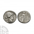 P Clodius M f - Diana Lucifera AR Denarius 42 B.C. Rome mint. Obv: laureate head of Apollo right; lyre behind. Rev: Diana Lucifera standing right hold...