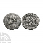Kings of Elymais - Kamnaskires III - Portrait AR Tetradrachm 62-46 B.C. Obv: profile bust left. Rev: small profile bust left with corrupt Greek legend...
