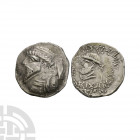 Kings of Elymais - Kamnaskires III - Portrait AR Tetradrachm 62-46 B.C. Obv: profile bust left. Rev: small profile bust left with corrupt Greek legend...