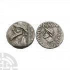 Kings of Elymais - Kamnaskires III - Portrait AR Tetradrachm 62-46 B.C. Obv: profile bust left. Rev: small profile bust left with corrupt Greek legend...
