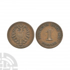 Germany - Empire - 1873 A - Pfennig Dated 1873 A.D. Berlin mint. Obv: crowned eagle with arms and A - A mintmark below. Rev: large 1 with DEUTSCHES RE...