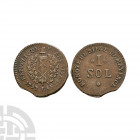 German States - Mainz - 1792 - Siege Money Sol Dated 1793 A.D. French occupation coinage. Obv: cap above fasces over wreath with REPUBLIQUE FRANCAISE ...