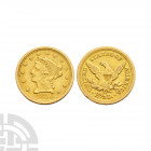 USA - 1850 O - Coronet Gold Quarter Eagle Dated 1850 A.D. Orleans mint. Obv: profile bust with date below and stars around. Rev: eagle with 'o' mintma...
