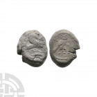 Phoenicia - Tyre - AR Shekel 393-358 B.C. Uncertain king. Obv: Melkart, holding reins and bow, riding hippocamp right above two lines of waves, dolphi...