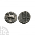 Byzantium Thrace - AR Hemidrachm 387-340 B.C. Obv: YPY above forepart of bull left on dolphin, DI monogram below. Rev: ornamented trident head. BMC 23...
