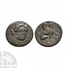 Troas - Gergis - Sphinx Bronze 395-390 B.C. Obv: laureate head of the sibyl Herophile facing slightly right, wearing necklace. Rev: sphinx seated righ...