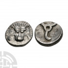 Perikles - Lion Scalp AR 1/3 Stater 380-360 B.C. Obv: facing lion scalp. Rev: Lycian script: PER-EK-LE around triskeles rotating left, within incuse c...
